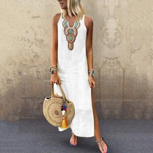 Womens Printed Maxi Dress Sleeveless V-neck Maxi Dress Split Hem Baggy Kaftan Long dresses woman party night vestidos verano NEW