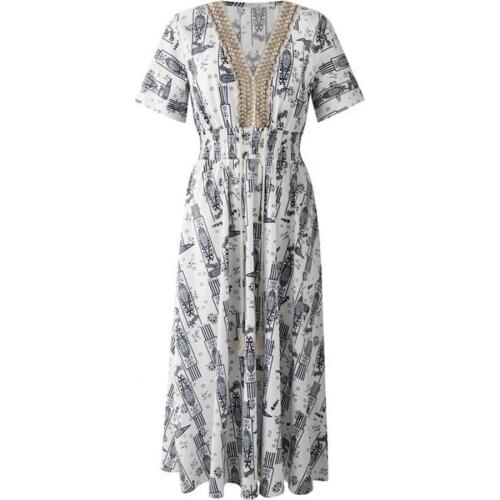 Women Dress V Neck Paisley Print Waist Tight Short Sleeve Long Dress Streetwear for Summer Loose Hem Casual Long Beach Dresses