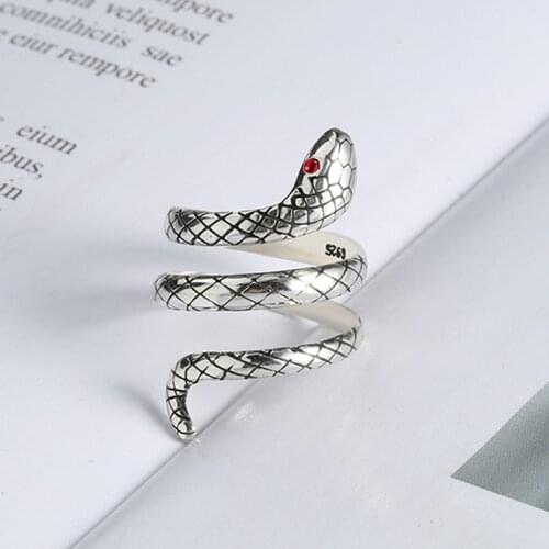 Morivovog Sterling 925 Silver Snake Shape Rings Korean Ladies Vintage Creative Red Eye Zircon Punk Finger Ring Womens Jewelry