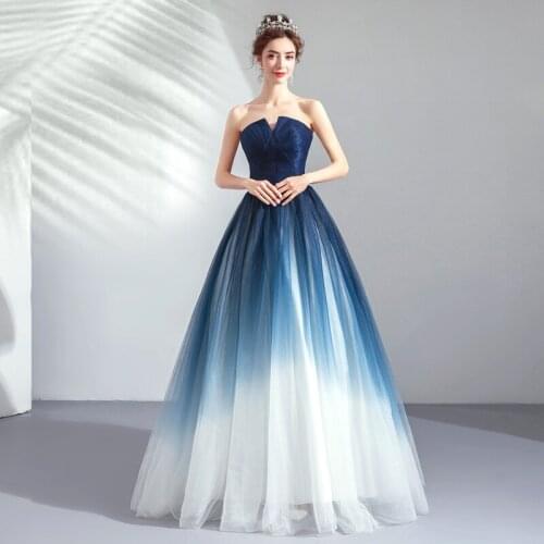 Evening Dress Illusion Strapless Sleeveless Backless Pleat Lace Tulle Luxury Gradient Blue Vintage Women Formal Party Gown TS035