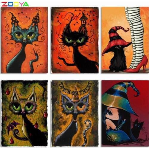 ZOOYA DIY 5D Halloween Diamond Painting Halloween Kits Full Square Diamond Embroidery Cat Diamond Mosaic Halloween Home Decor