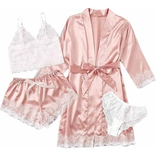 Satin Silk 4-piece Pajama Set Womens Lace V-neck Lingerie Tight Robe Sexy Casual Wear Nightgown Home Service