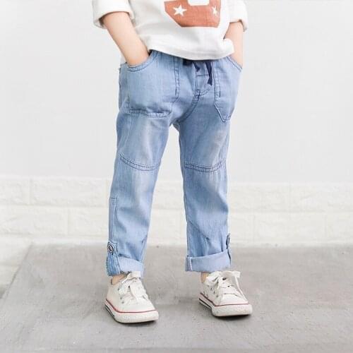 Kids Boy Girl Jeans Style Pants Children Spring Summer Cotton Casual Elastic Waist Long Trousers Boys Thin Breathable Clothes