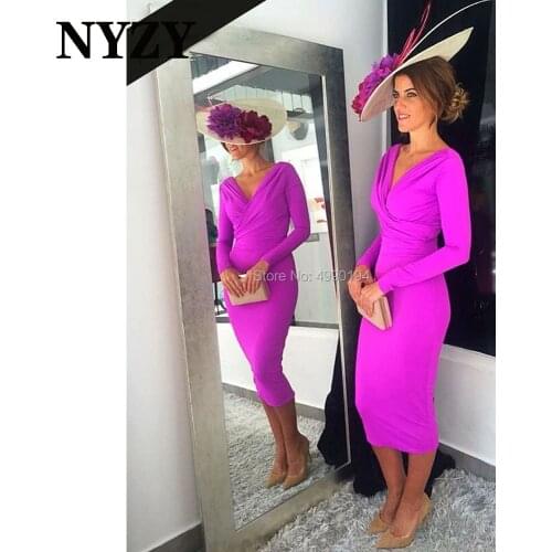 Stretch Jersey Long Sleeves Fuchsia Mother of the Bride Dresses 2020 NYZY M263 vestidos de fiesta de noche Wedding Party Dress