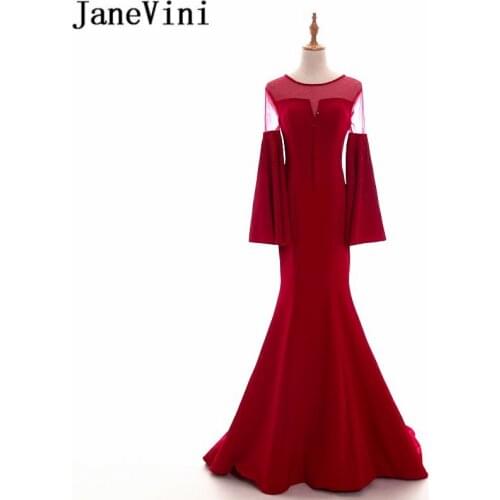 JaneVini Elegant Mermaid Burgundy Bridesmaid Dresses Beaded Satin Long Sleeves Sheer Scoop Neck Sweep Train Formal Prom Gowns