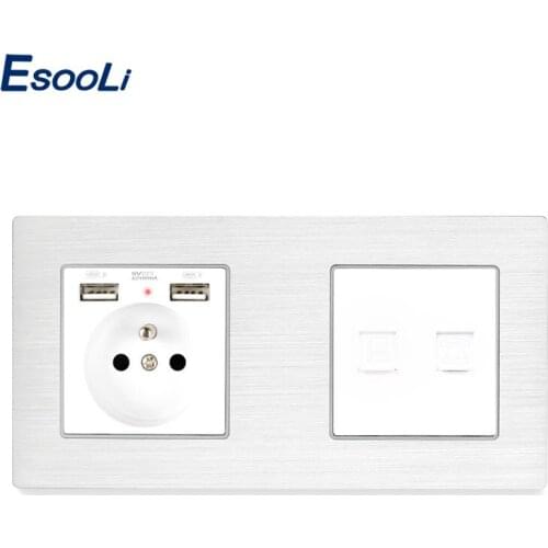 Esooli French White Aluminum Metal Panel Socket RJ11 Telephone Jack With RJ45 Data Computer Internet Connector Wall Socket