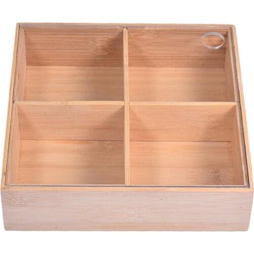 Natural Bamboo Tea Box With Lid 4-Compartment Coffee Tea Bag Storage Holder Sugar Organizer For Kitchen Cabinets