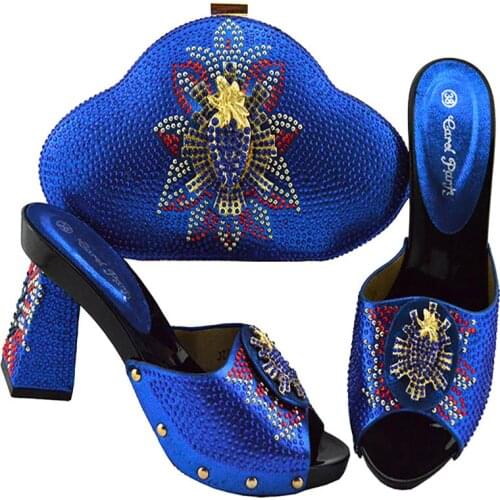 Royal Blue High Quality Woman Crystal Shoes And Purse Set For Party African Rhinestone High Heels Wedding Shoes And Bag S