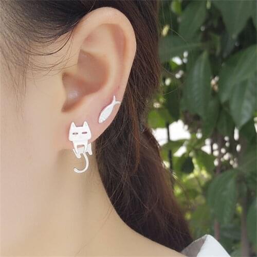 Lovely Stainless Steel Cat Earrings Suitable For Women Children Jewelry Fashion Asymmetric Animal Ear Studs Girl Birthday Gift