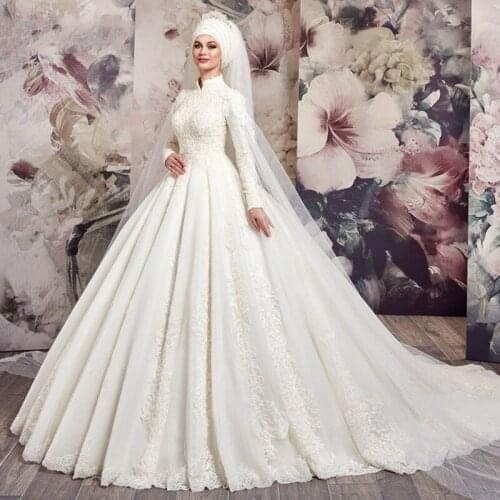 Muslim Beaded Appliques Wedding Dress Long Sleeve Ball Gown Princess Bride Gown Vestido de Noiva Custom Made