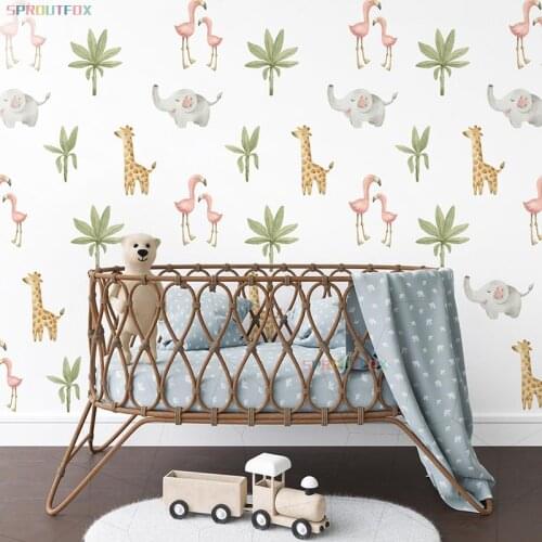Cartoon Animal Baby Flamingo Elephant Giraffe Green Leaf Wall Stickers for Kids Room Living Room Baby Nursey Home Decoartion