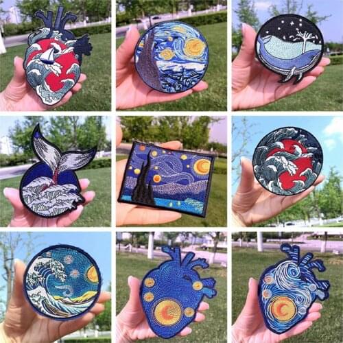 Pulaq Wilderness Camp Patches For Clothing Van Gogh Sea Wave Embroidered For Clothes Stripe Hippie Heart Patches For Backpack