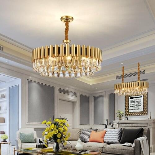 New Stainless Steel Modern Minimalist LED Crystal Chandelier K9 Crystal Ring Living Room Lamp Gold Hotel Villa Fixture
