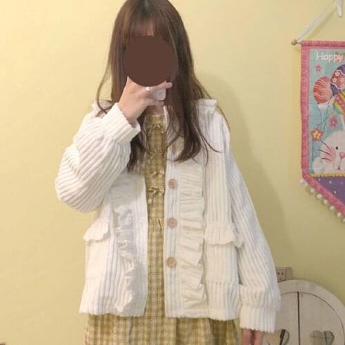 Autumn Preppy Style Japanese Soft Girl Cute Fungus Lace Jackets Pocket Lantern Long Sleeve Coat Student Loose Coat Women