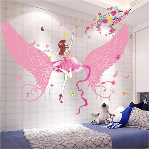 [shijuekongjian] Cartoon Girl Dancer Wall Stickers Vinyl DIY Feathers Wings Wallpapers for Kids Rooms Baby Bedroom Decoration
