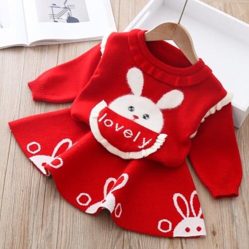 Baby Girl Cute Rabbit Sweater Suit Skirt Knitted Long-Sleeved Top Skirt 2pcs Autumn Fashion Princess Skirt Kid Letter Clothes