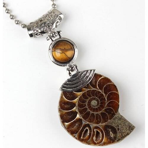 Trendy-beads Popular Silver Plated Ammonite Reliquiae Tiger Eye Stone Round Beads Pendant Fashion Jewelry