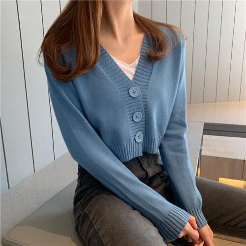 Knitted Long Sleeve Ladies Tshirt Spring Fashion Single-breasted V-neck Female T Shirt Casual Women Short Style Tops Tee Shirts