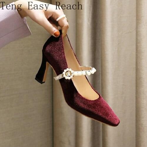 2021 Velour Velvet High-end Pointed Toe Elegant Chic Lady Pumps Pearls Buckle Strap Women Mary Janes Heels Size 48