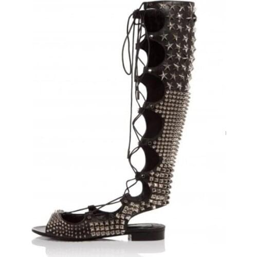 2018 Summer New Fashion Peep Toe Ladies Knee High Gladiator Boots Full Studded Women Lace Up Boots Sexy Slingback Flat Boots