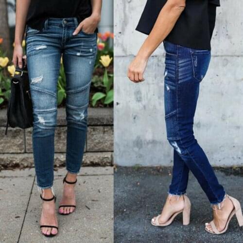 Women Slim Ripped Denim Pants Skinny Washed Trousers Holes Biker Jeans Fashion Stretch Pencil Skinny Pants