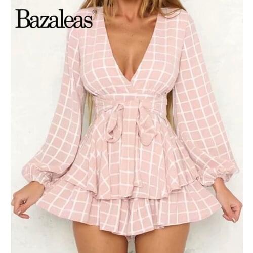 Bazaleas Fashion Pink Tartan Print Ropa De Mujer Cute Ruffles Romper Chic Sashes Jumpsuit Women Fashion Bodysuit