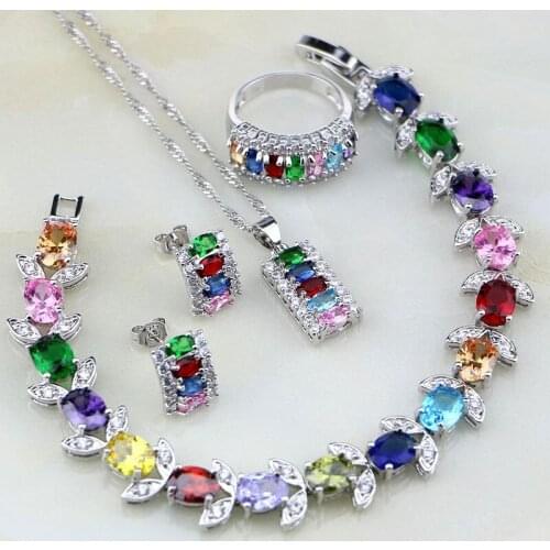 Multicolor 925 Sterling Silver Jewelry Set Mystic White CZ Jewelry Sets For Women Necklace/Earrings/Bracelet/Pendant/Ring