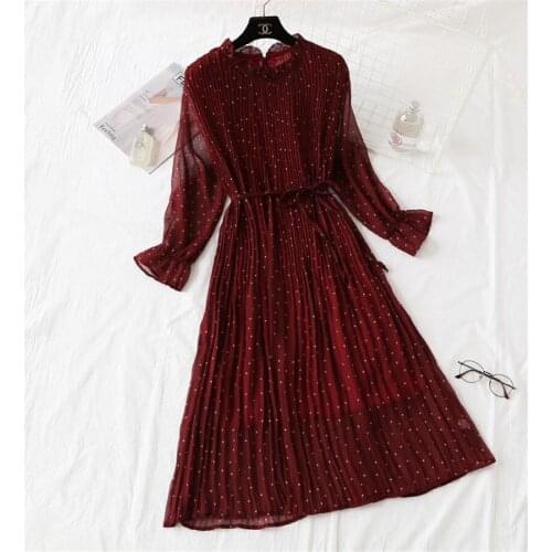 Women Print Pleated Chiffon Dress 2019 Spring Summer New Hot Fashion Female Casual Flare Sleeve Lotus leaf neck Basic Dresses