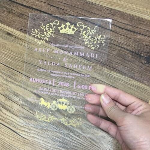 Hot sell 10pcs elegant colorful words printing acrylic wedding invitation card popular glass invitations for wedding decoration