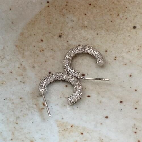 100% Authentic 925 Sterling silver Micro Pave CZ Zircon AAA+ Half Round Circle Stud Earrings Fine jEWELRY C-C734