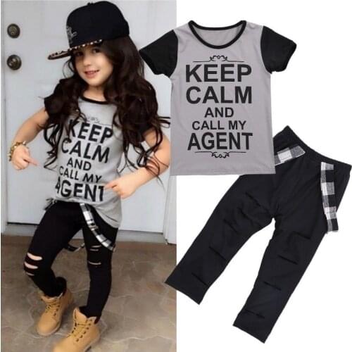 2016 Fashion Baby Girls Clothing Set Summer Kids Clothes Short Sleeve T-Shirt Top + Hole Pant Leggings 2PCS Outfit Clothing Set