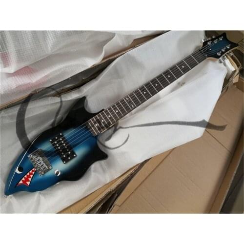 Free shipping custom 6 string blue guitar,kids children shark guitar,fixed tremolo bridge,H pickups,rosewood frets