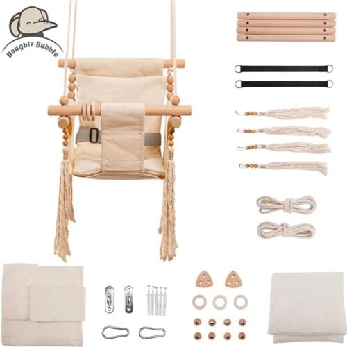 Baby Safety Swing Chair Wood Toy Swing Sets for Children Rocking Canvas Seat 0-12 Months Hanging Outdoor Swinging Rocking Chair