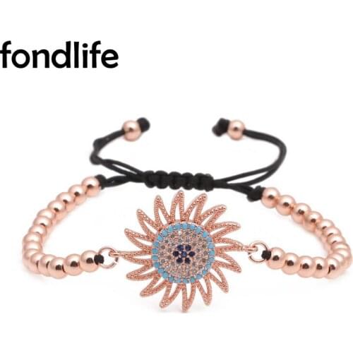 Blue&White Cubic Zirconia Crystal Sun Charm 4mm Copper Beads Macrame Bracelet Women Men Trendy Gold-plated Brass Jewelry Gift