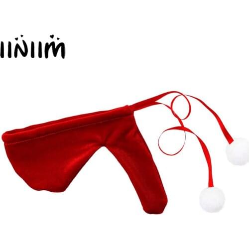 Iiniim Red Sexy Mens Velvet Mini Lingerie Panties Male Closed Sissy JJ Straps with Pompom Penis Sheath Thong Briefs Underwear