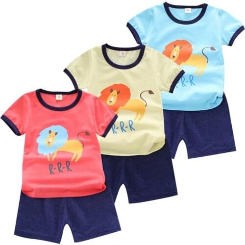 Cartoon Lion Pattern Round Neck Set T-Shirt Top Solid Shorts Suit Casual Outfit Clothing For Boys Children Baby Summer New Style