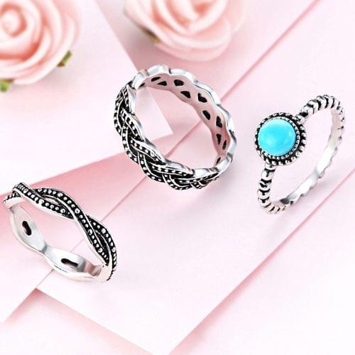 3PCS Luxury Women Jewelry Round Cut Light Blue Imitation Turquoise Bridal Rings for Wedding Engagement Set Gifts