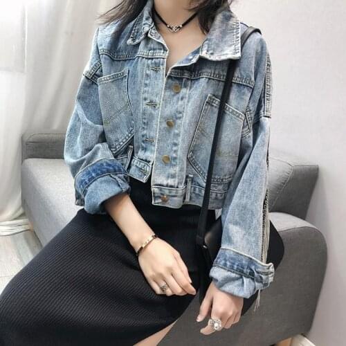 PNEIME new womens fringed denim jacket spring and autumn Korean cardigan loose student bat sleeve short jacket