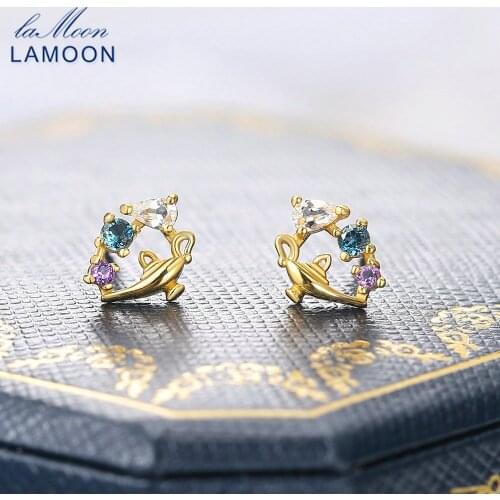 LAMOON Genuine 925 Silver Stud Earring For Women Natural Blue Topaz Fairy Tale Magic Lamp 14K Gold Plated Fine Jewelry EI130