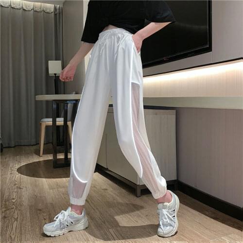 Summer Streetwear Joggers Trousers Women Reflective Pants Breathable Mesh Striped High Waist Pants Womens Pants Wide Leg Pants