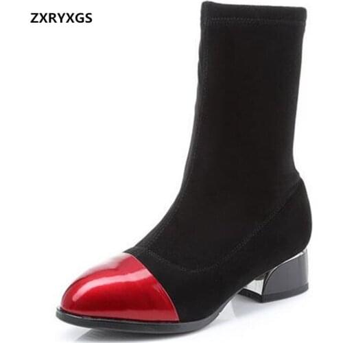 2020 New Mixed Colors Stitching Cowhide Stretch Suede Chelsea Boots Stylish Elegance Shoes Autumn and Winter Boots Womans Boots