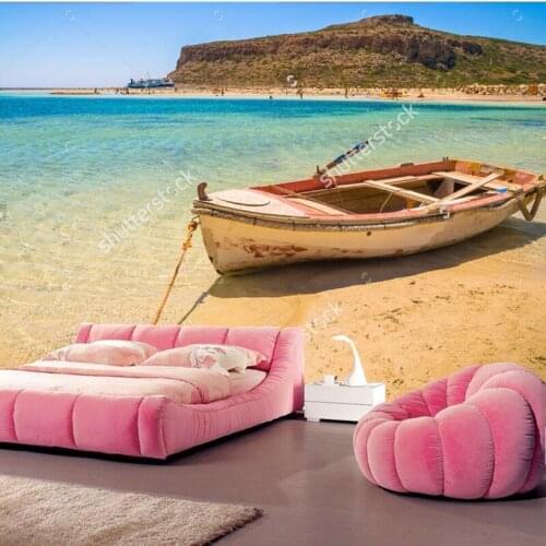 Natural scenery wallpaper,Fishing boat docked to coast on the beach of Crete, photo for living room bedroom wall vinyl wallpaper