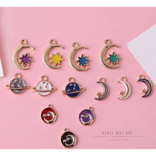 Wholesale 60pcs/Lot Gold Tone Plated Enamel Alloy Charms Star Moon Saturn Round Earring Charms Ornament Accessories Pendant DIY