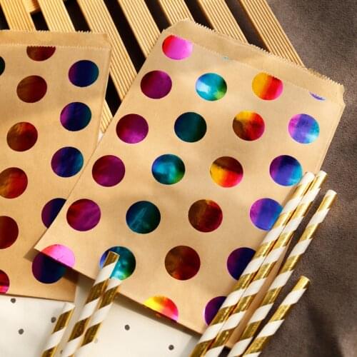 25pcs Colorful Dots Kraft Paper Bags Golden Star Candy Treat Bag Gift Bag Wedding Gold Hot Stamping Paper Bag for Gifts Packing
