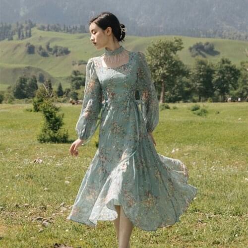 Korean Design Women Chic Dress Vintage Print Floral Beading Bandage Midi Dresses For Elegant Lady Vestido Robe Femme Autumn