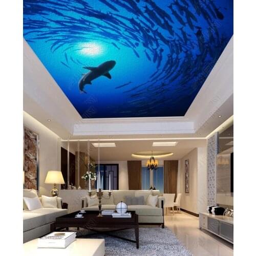 1823 Huge Sharks Swimming Printing stretch ceiling film for workshop ceiling decoration