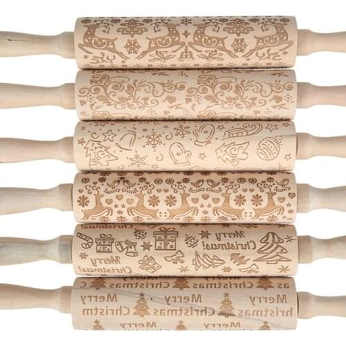 Christmas Embossing Rolling Pin Wooden DIY Baking Cookies Cake Elk Snowflak Tree Patterns Hand Roller Kitchen Bakeware Tool