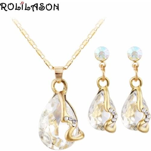 ROLILASON Simple Design Gold Necklace Pendant Earrings White Zircon Set Spring Carnival Party Gift JS824