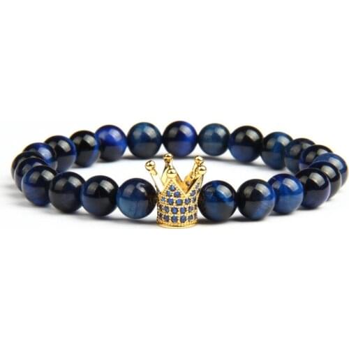 Blue CZ Crown Bracelet with 8mm Natural Tiger Eye Stone Beads Men Jewelry Drop Shipping Anniversary Present