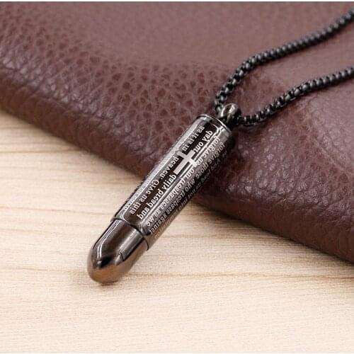 High Quality 316L Stainless Steel Black Tone Cross Bible Bullet Design Mens Boys Gift Pendant Necklace Free Box Chain 24"*3mm